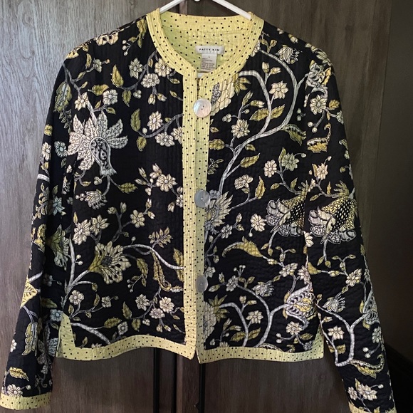 Bohemian quilted jacket with black and yellow floral print adorable polka dot - Picture 1 of 7